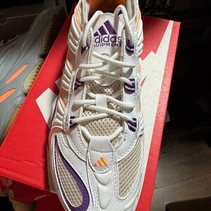 Adidas Equipment White and Purple Sneakers with Orange Accents size 8
